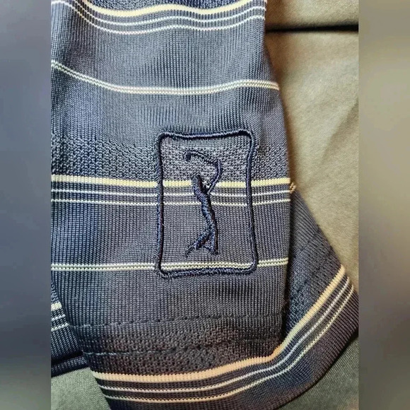 PGA Tour Shirt Mens Medium Navy Blue Stripe Short Sleeve Golf Polo Performance - Picture 4 of 5